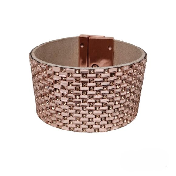 💥Wide Leather Baguette Gemstone Bead Rose Gold With Twist Clasp Cuff Bracelet - Picture 1 of 6